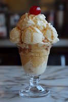 Vanilla ice cream sundae topped with caramel sauce and maraschino cherry served in classic glass sundae cup on marble counter, showcasing creamy scoops and drizzling sauce.