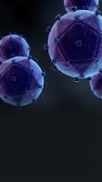 Purple coronavirus cells floating in dark space with spike proteins for medical education and healthcare research presentations.