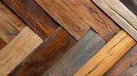 Rustic wooden parquet flooring in herringbone pattern showcasing various wood tones and textures, from dark mahogany to light oak, with natural grain details.