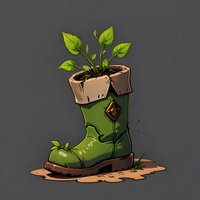 Green military boot repurposed as plant pot with young sprouts growing from soil inside, standing on muddy ground against dark background. Eco-friendly gardening concept.