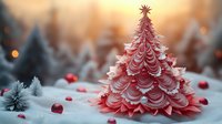 Red paper Christmas tree with layered petals on snowy surface with pine cones and berries. Warm golden sunlight creates festive holiday atmosphere for seasonal decorations.
