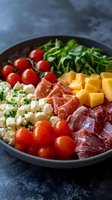 Fresh antipasto platter with cured meats, cheese cubes, cherry tomatoes, mozzarella and herbs arranged in rows on gray plate, close up view on dark background.