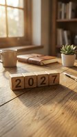 Wooden blocks displaying 2027 on rustic desk with notebook, succulent plant and warm sunlight streaming through window creating cozy workspace atmosphere.
