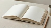 Open blank notebook with empty white pages on beige linen surface for writing, journaling, planning and creative projects.