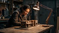 Architect or designer with glasses examining wooden architectural model under desk lamp in workshop studio with shelving background.