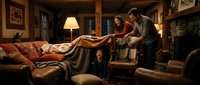Young woman relaxing on cozy sofa while couple arranges warm blanket in rustic living room with fireplace and wooden beams during evening.