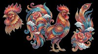 Colorful rooster illustrations with ornate decorative patterns, isolated on transparent background. Ready for t-shirt designs, clipart, stickers, sublimation, and print-on-demand products.