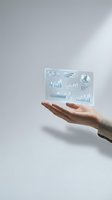 Hand presenting holographic business analytics dashboard with charts and graphs floating above palm on clean white background for presentations.