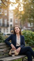 Young professional businesswoman relaxing on park bench with coffee during lunch break in urban setting with warm sunlight filtering through trees.