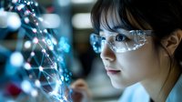 Young Asian female scientist in protective eyewear examining glowing molecular structure visualization in modern laboratory setting with blue technological interface.