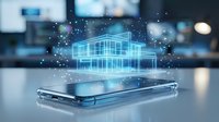 Smart home technology concept with holographic house projection above smartphone displaying connected IoT devices and digital network integration.