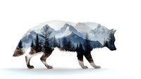 Wolf silhouette filled with mountain landscape and forest trees creating double exposure effect on white background for nature design projects.