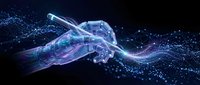 Futuristic digital hands reaching toward each other with glowing particles and network connections on dark background for technology concepts.