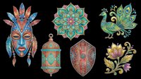 Tribal mask with feathered headdress, ornamental lantern, decorative shield, peacock, mandala, and lotus flower designs. Isolated on transparent background, ready for t-shirts, clipart, stickers, sublimation, and print-on-demand projects.