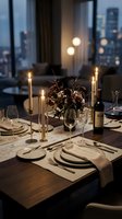 Elegant dinner table setting with lit candles, dried floral arrangement, wine bottle, and place settings overlooking city skyline at dusk for fine dining and event planning.