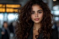Young woman with natural curly dark hair and glowing skin smiling confidently at camera. Soft bokeh background creates professional portrait atmosphere.