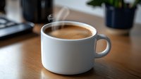 Fresh brewed coffee with light steam in white ceramic cup on wooden table surface, morning beverage with rich crema and aromatic foam.