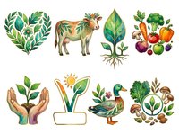 Organic farm agriculture icons with cow, vegetables, plants, hands, and duck isolated on white background, ready for design use on packaging, labels, and educational materials.