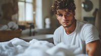 Young Hispanic man with curly dark hair wearing white t-shirt sitting on bed in morning light, looking thoughtfully at camera with confident expression.
