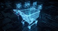 Digital shopping cart with glowing blue wireframe design on dark tech background with floating e-commerce icons for online retail and digital marketing concepts.