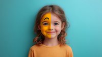 Young Caucasian girl with face paint smiling, wearing orange sweater against turquoise background. Half face painted yellow creating playful artistic expression. Creative childhood portrait.