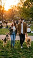 Happy young couple walking dogs in sunny park during golden hour sunset with warm light filtering through trees creating romantic outdoor lifestyle moment.