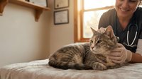 Smiling female veterinarian in scrubs examines a calm tabby cat on a clinic table during a routine checkup.