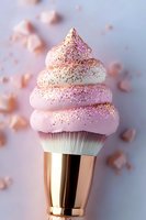 Makeup brush with pink cream swirl resembling soft serve ice cream, decorated with sparkly glitter against pastel background with scattered pink elements.