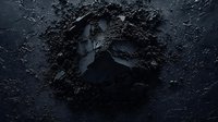 Dark textured surface with rough, cracked, and layered black material creating dramatic shadows and depth. Abstract background for luxury product presentation.