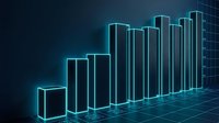 Neon glowing bar chart showing upward growth trend on dark blue grid background, representing business success, financial data analysis, and market performance metrics.
