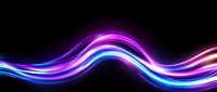 Glowing neon wave lines in purple and blue colors flowing on black background, dynamic light trails creating abstract motion effect for modern design.