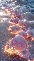 Seashells on sandy beach at sunset with gentle waves washing over them, creating magical sparkles and golden light reflections on wet sand.