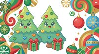 Adorable cartoon Christmas trees with cute faces and hearts surrounded by festive ornaments, gifts and holiday decorations on white background.
