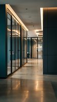 Modern office corridor with glass partitions and warm LED lighting creating professional corporate workspace atmosphere for business environments.