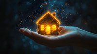 Glowing magical house silhouette floating on open palm against dark background with sparkles and bokeh lights, concept of dreams and hope.