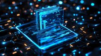 Glowing blue laptop hologram on dark digital surface with network connections and light effects, representing modern technology and cybersecurity concepts.