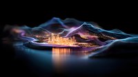 Glowing cityscape with illuminated buildings reflected in water, surrounded by ethereal waves of blue and purple light creating magical atmosphere at night.