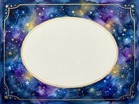 Cosmic galaxy frame with golden oval center space for text or design elements. Starry night sky border with purple blue nebula colors and decorative corners.