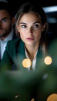 Young businesswoman in green blazer with intense gaze and confident expression, bokeh lights and blurred male figure in background create atmospheric corporate portrait.