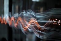 Abstract digital wave visualization with orange and white light trails flowing across dark background, representing data or sound technology.