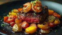 Juicy medium rare beef steak topped with grilled shrimp and colorful cherry tomatoes on dark plate, garnished with fresh herbs and seasonings in moody lighting.