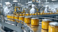 Workers in protective clothing monitoring production line of yellow food product in glass jars at modern food processing facility.