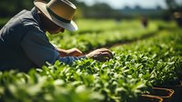 Hispanic male farmer in straw hat harvesting fresh green vegetables in sunlit organic farm field. Close-up view shows sustainable agriculture and farm-to-table concept.