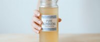 Female hand holding glass bottle of fermented kombucha tea drink on wooden table. Healthy probiotic beverage for wellness and gut health lifestyle.
