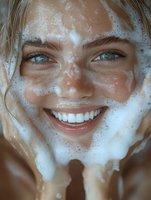 Young Caucasian woman with bright smile and blue eyes covered in white facial cleansing foam, showing genuine joy during skincare routine. Close-up beauty portrait.