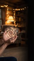 Elderly hands holding glowing spiral energy orb in cozy home interior with warm bokeh lights creating magical atmosphere for wellness and spirituality concepts.