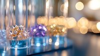 Elegant gold star decorations in blue glass containers with soft bokeh lights creating magical festive atmosphere for holiday celebrations and events.