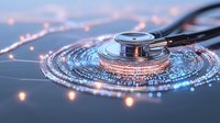Medical stethoscope on glowing digital circle pattern with light effects, representing healthcare technology and digital transformation in medicine.