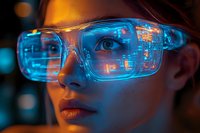 Young woman wearing futuristic augmented reality smart glasses with digital interface reflection. Blue neon lighting creates cyberpunk atmosphere in dark setting.