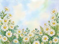 Watercolor daisy field border with soft pastel sky, white chamomile flowers and green foliage, copy space for text or greeting cards.